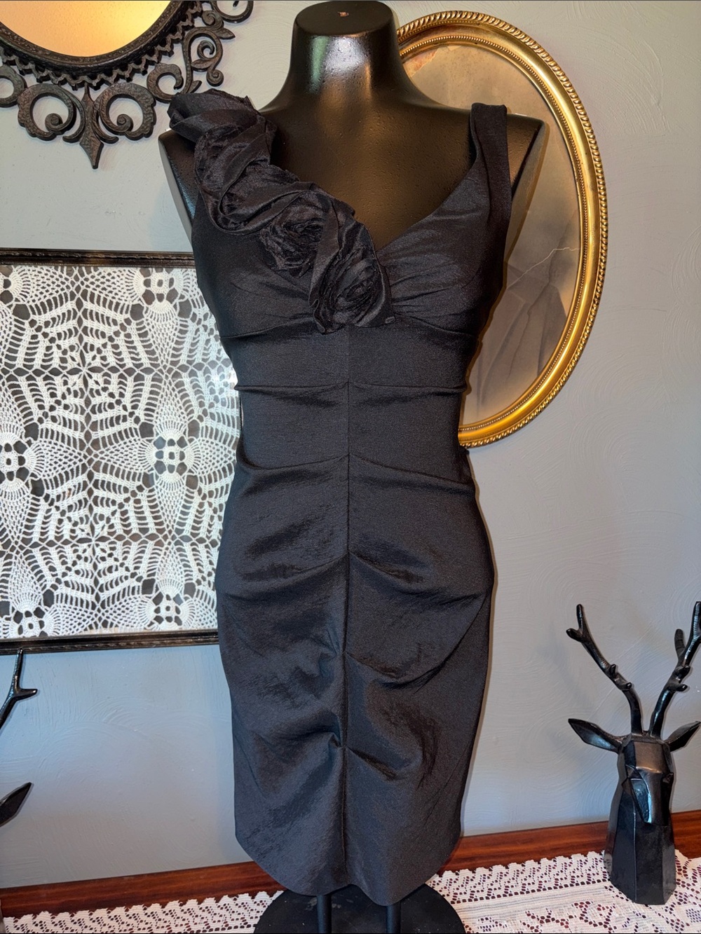 Xscape Black One-Shoulder Rosette Sheath Dress
